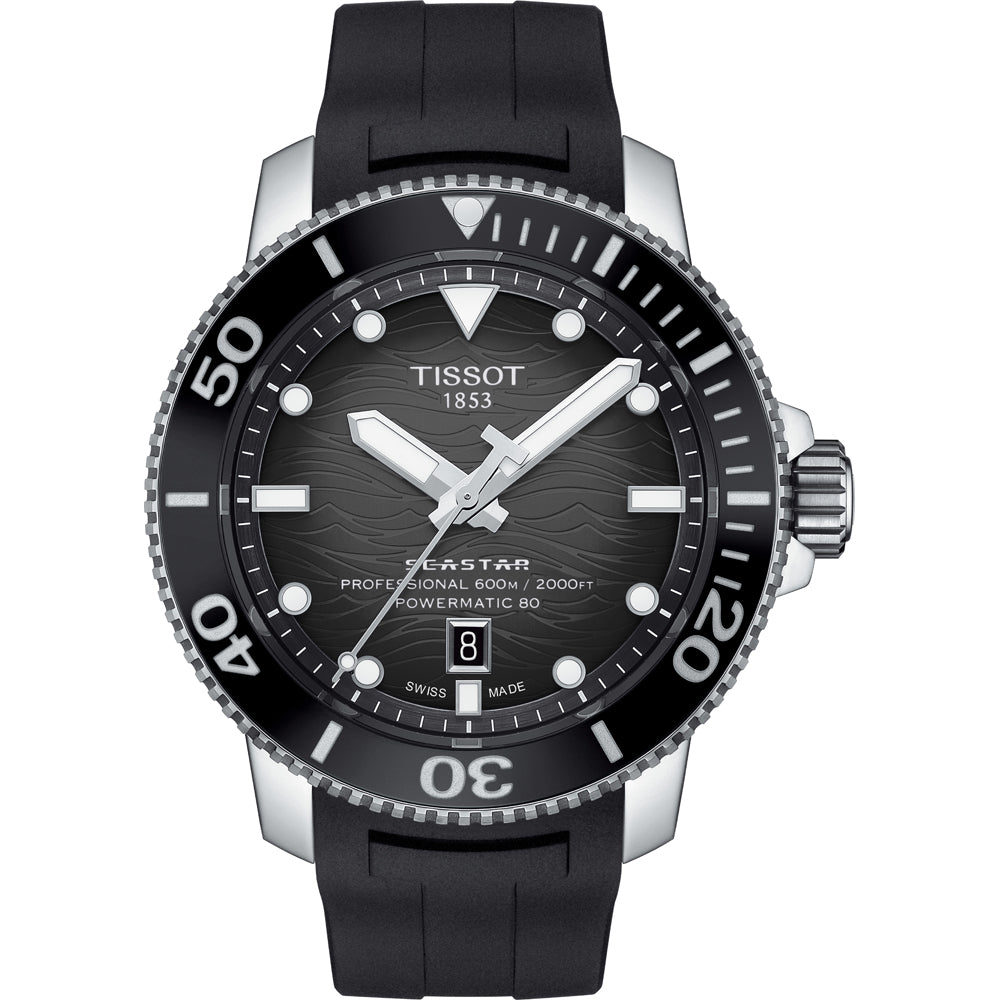 Orologio Tissot Seastar 2000 con cassa in acciaio inox, quadrante nero e cinturino in gomma nera.