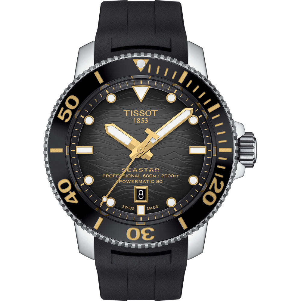 Orologio Tissot Seastar 2000 Professional con cassa in acciaio, quadrante nero e cinturino in gomma nera.