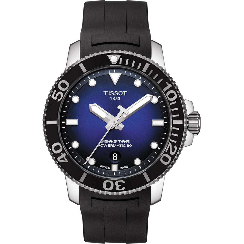 Orologio Tissot Seastar 1000 con quadrante blu, cassa in acciaio inox e cinturino in gomma nera.