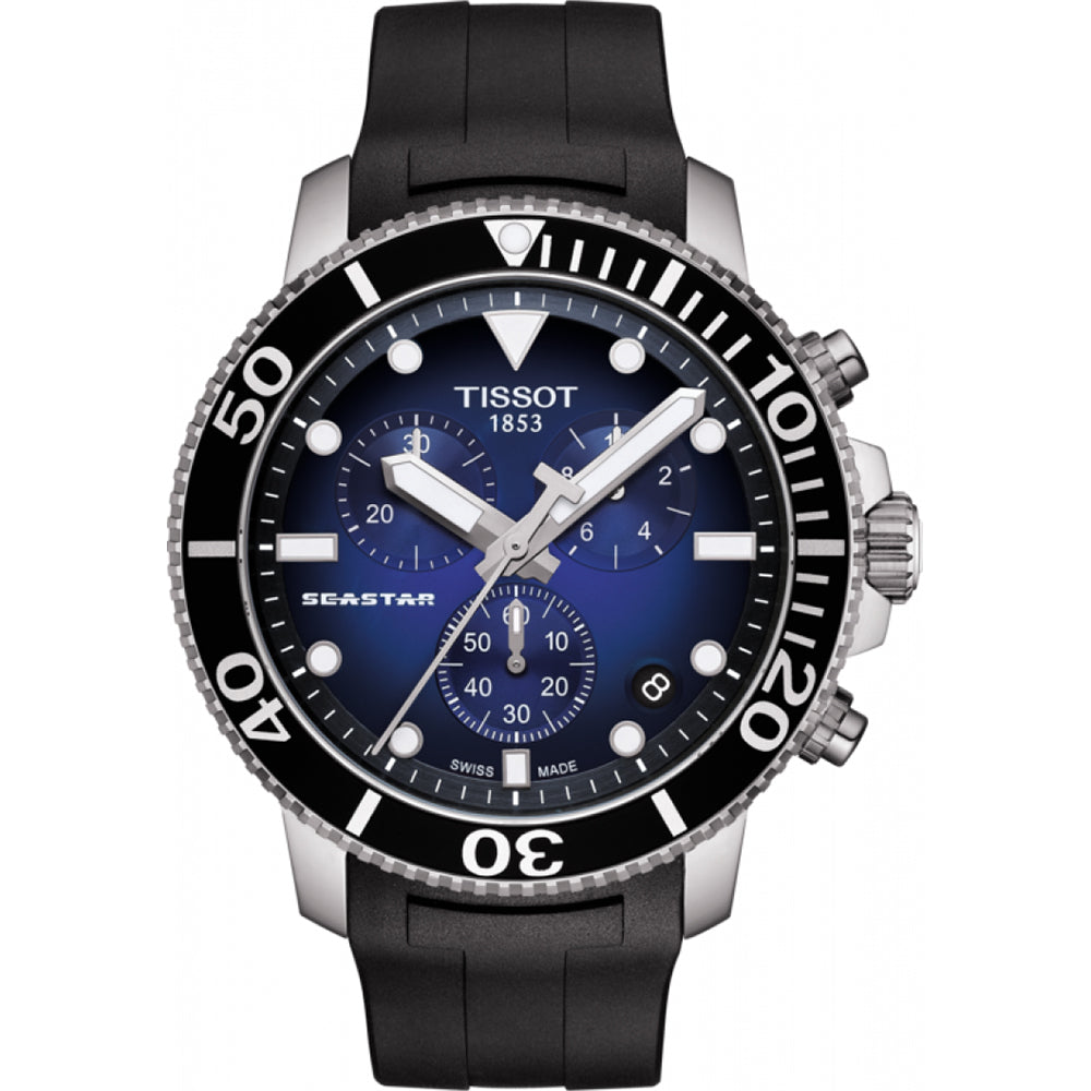 Orologio Tissot Seastar 1000 Chronograph con cassa in acciaio inox, quadrante blu e cinturino in gomma nera.