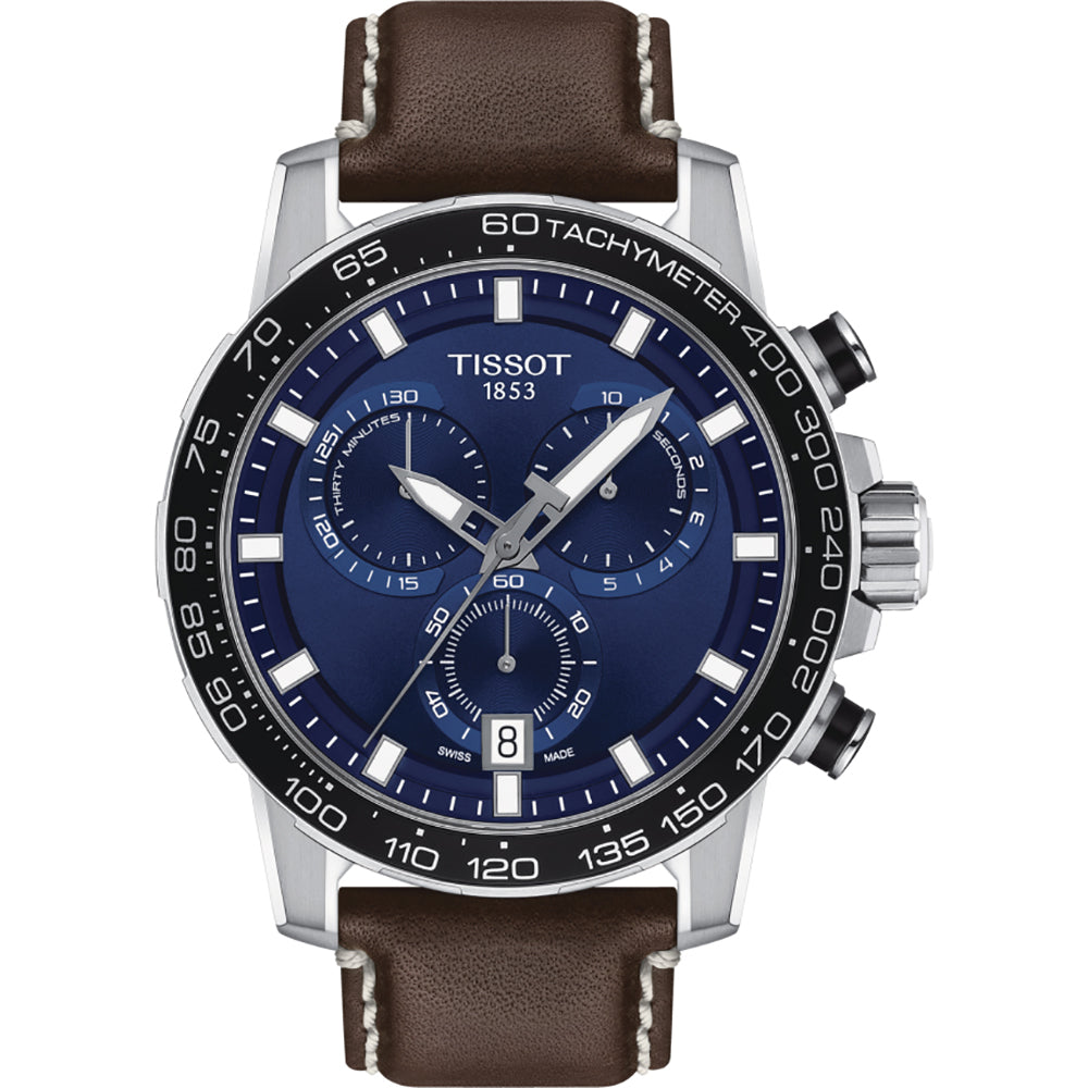 Orologio Tissot Supersport Chrono con quadrante blu, cassa in acciaio e cinturino in pelle marrone.