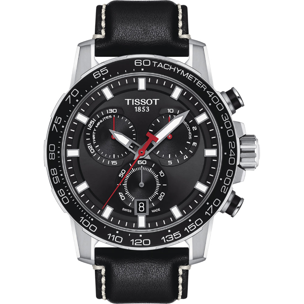 Orologio Tissot Supersport Chrono con quadrante nero, cassa in acciaio e cinturino in pelle nera.