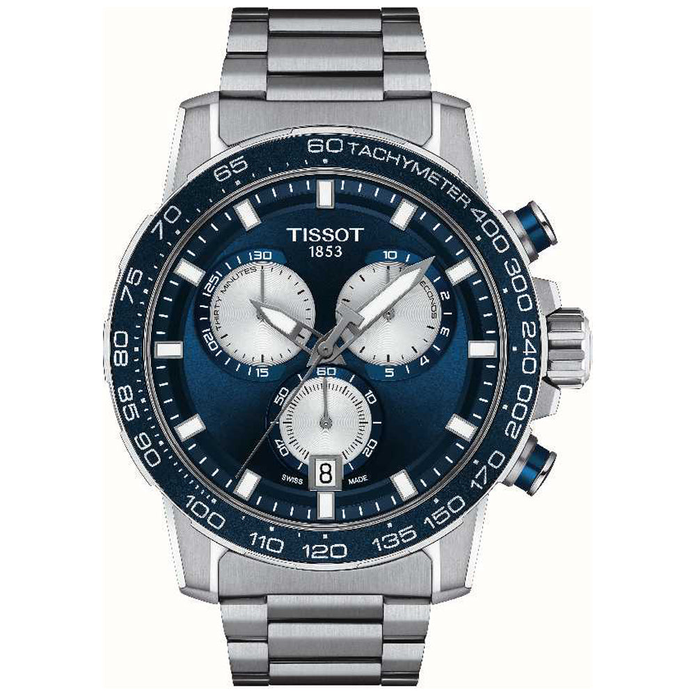 Orologio Tissot Supersport Chrono con cassa in acciaio inox, quadrante blu e bracciale in acciaio.