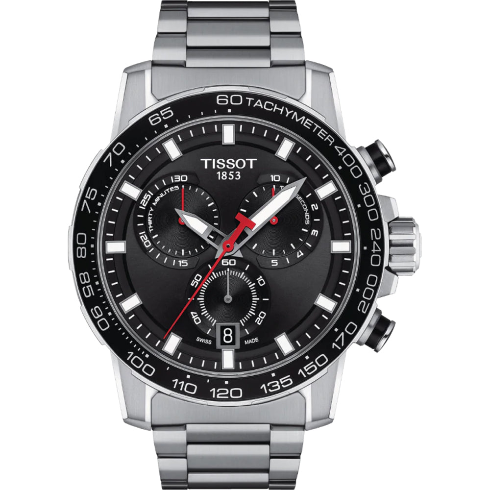 Orologio Tissot Supersport Chrono con cassa in acciaio inox, quadrante nero e dettagli rossi.