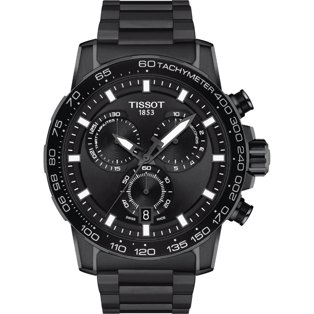 Orologio cronografo Tissot Supersport con cassa nera, quadrante nero e cinturino in acciaio.