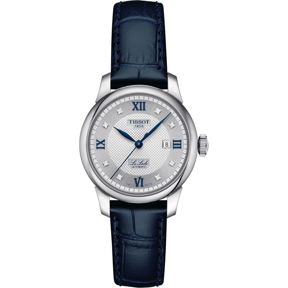 Orologio Tissot Le Locle Automatic Lady con cassa in acciaio, quadrante argentato e cinturino in pelle blu.