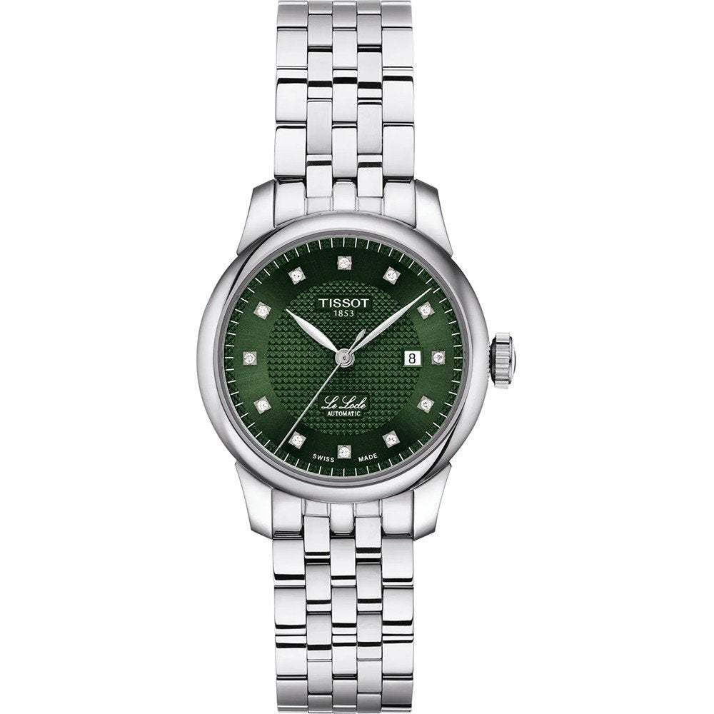 Orologio Tissot Le Locle Automatic Lady con quadrante verde, cassa in acciaio e cinturino a maglia rolò.