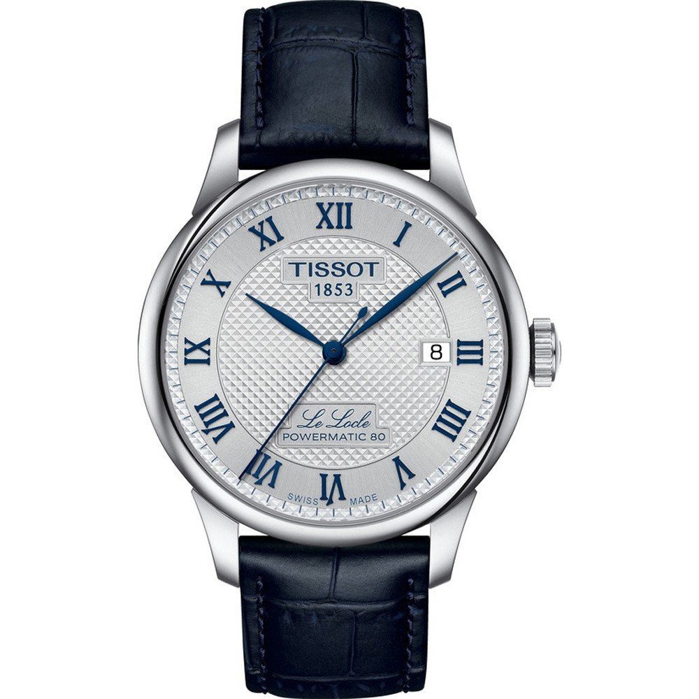 Orologio Tissot Le Locle con quadrante argentato, cassa in acciaio inox e cinturino in pelle blu.