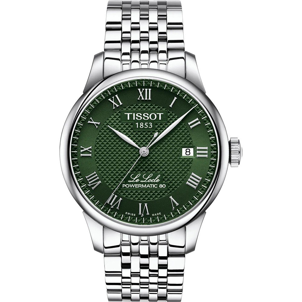 Orologio Tissot Le Locle con quadrante verde, cassa in acciaio inox e bracciale a maglia rolò.