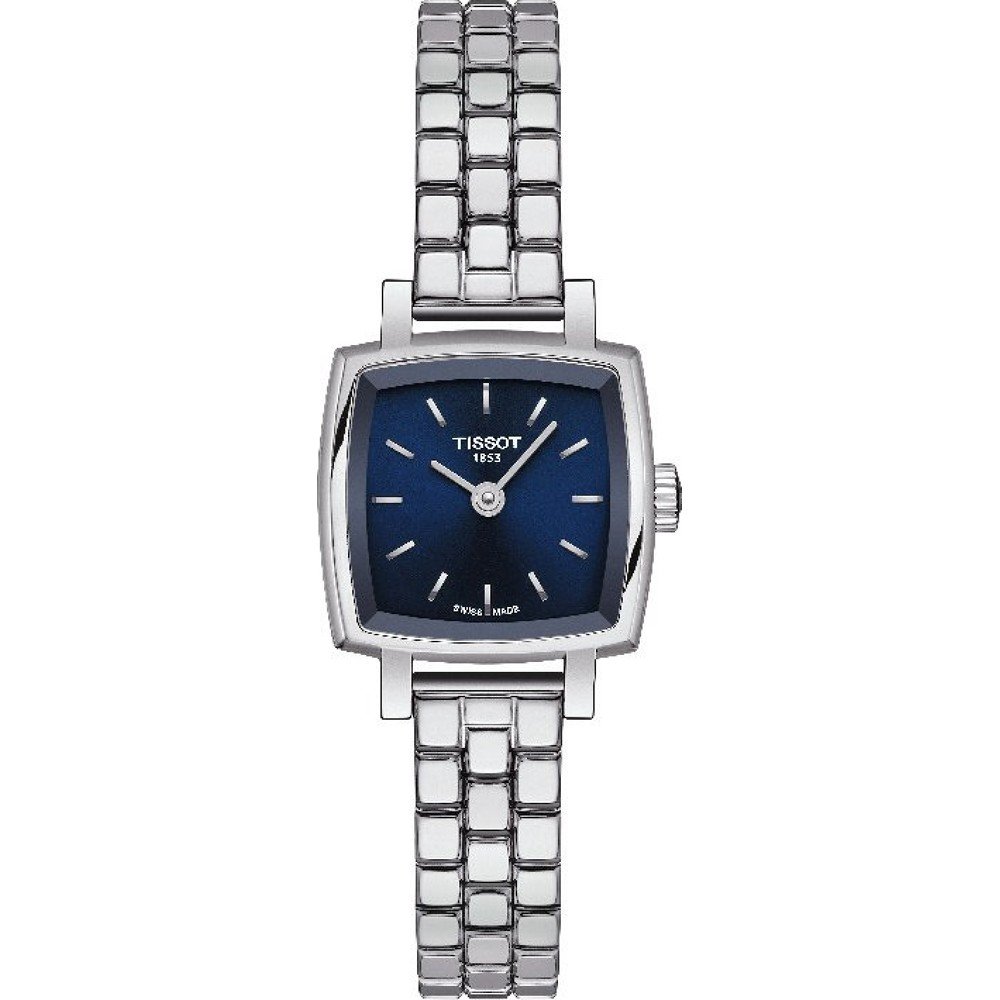 Orologio Tissot con cassa quadrata in acciaio inox, quadrante blu e bracciale in maglia rolò.