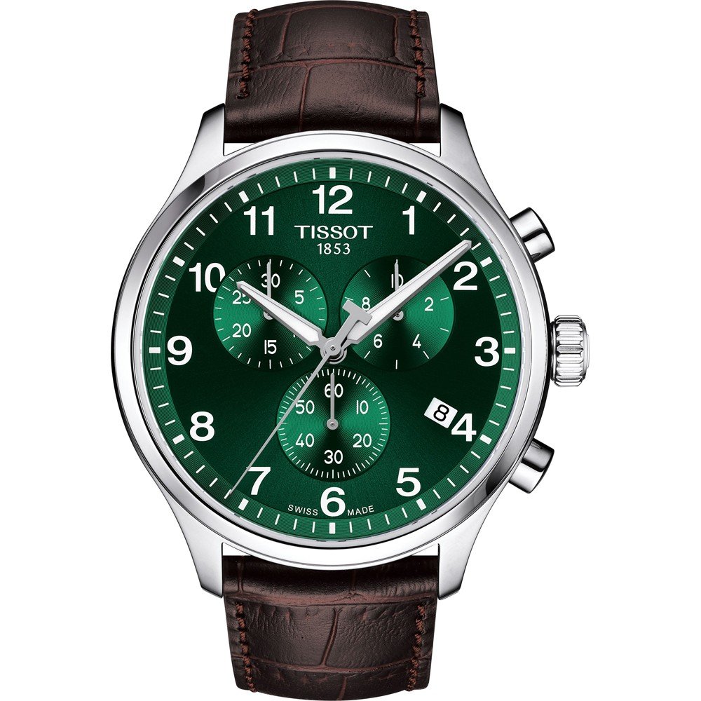 Orologio Tissot Chrono XL Classic con quadrante verde, cassa in acciaio e cinturino in pelle marrone.