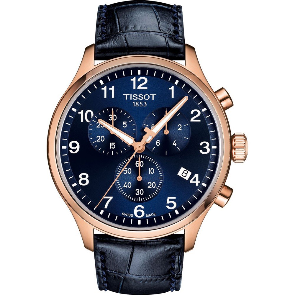 Orologio Tissot Chrono XL Classic con cassa rosegold, quadrante blu e cinturino in pelle nera.