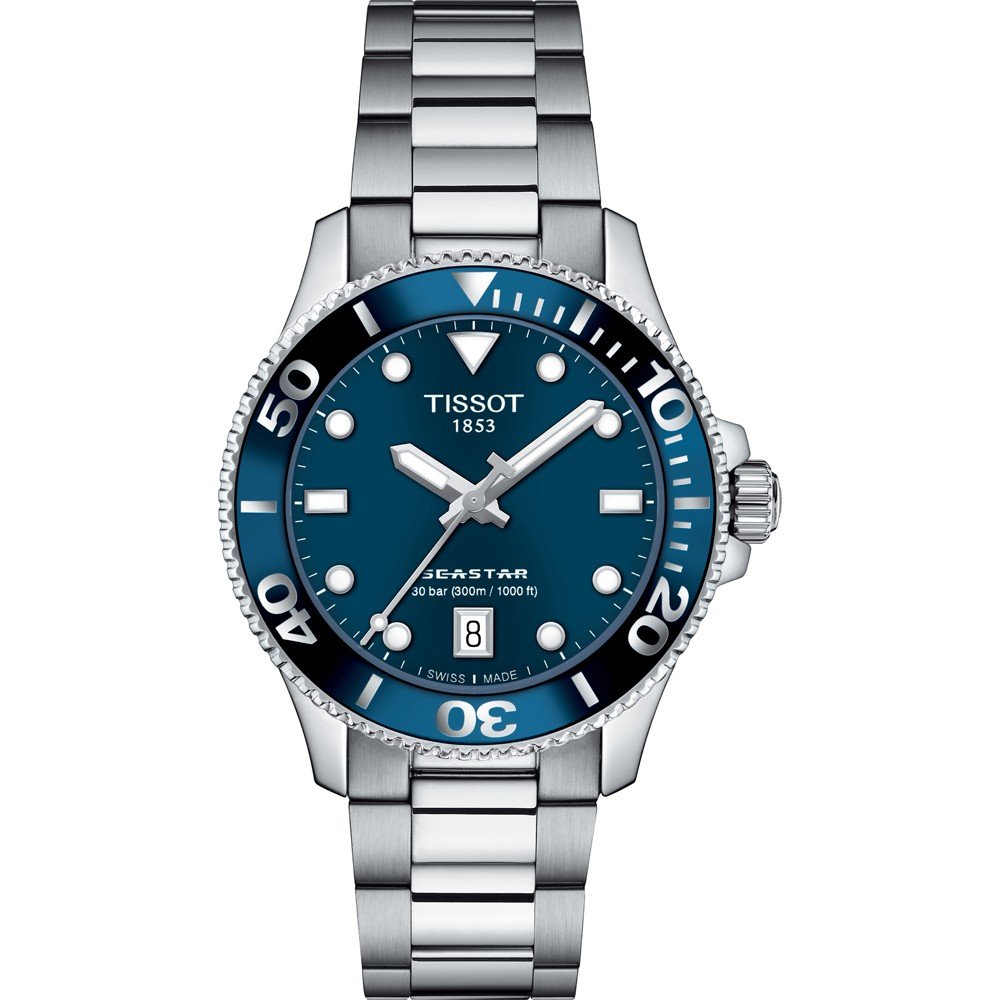 Orologio Tissot Seastar 1000 con cassa in acciaio inox, quadrante blu e bracciale in acciaio.