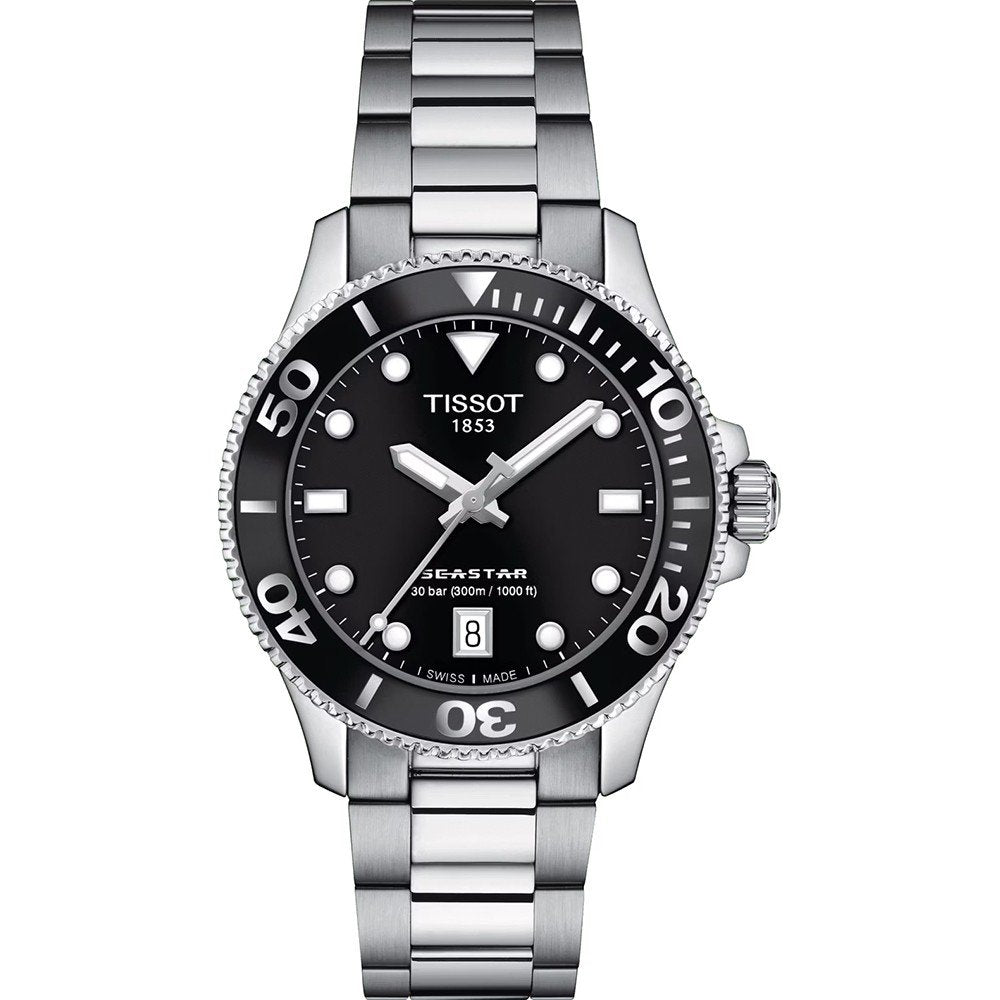 Orologio Tissot Seastar 1000 da 36 mm con cassa in acciaio inox, quadrante nero e bracciale in acciaio.
