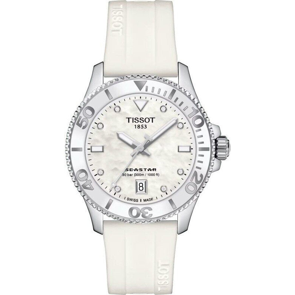 Orologio Tissot Seastar 1000 da 36 mm con quadrante bianco e cinturino in silicone bianco.