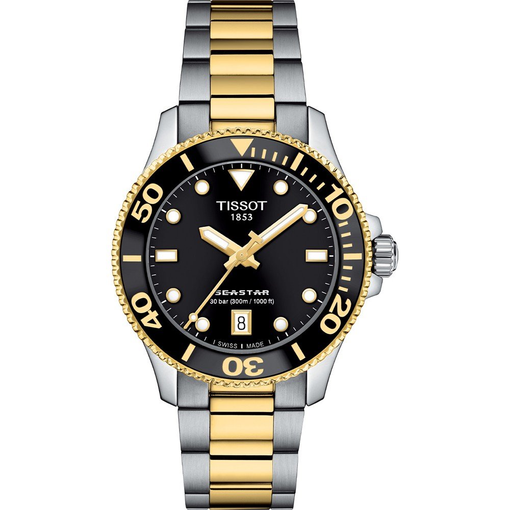 Orologio Tissot Seastar 1000 con cassa in acciaio inox bicolore, quadrante nero e bracciale in acciaio e oro.