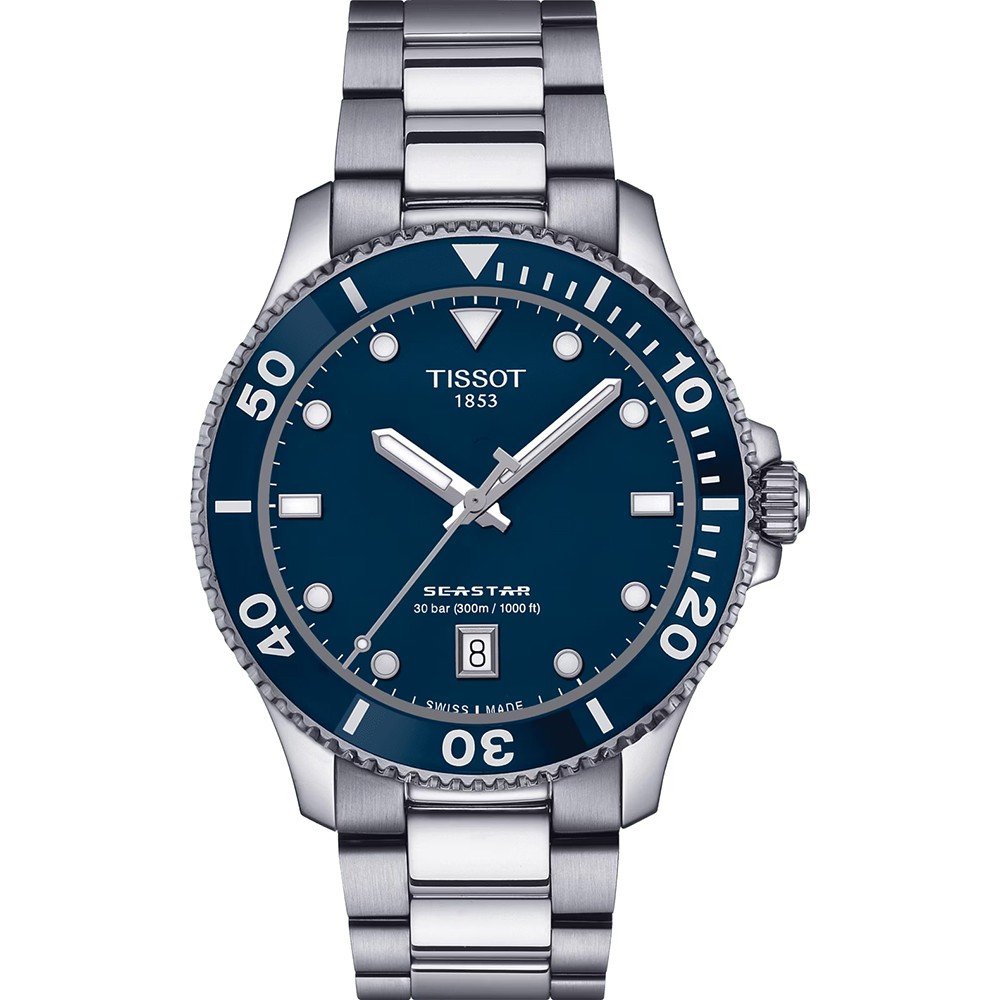 Orologio Tissot Seastar 1000 con cassa in acciaio inox, quadrante blu e bracciale in acciaio.
