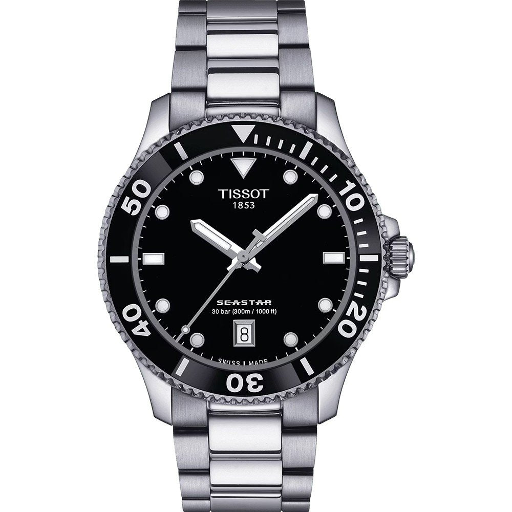 Orologio Tissot Seastar 1000 con cassa in acciaio inox, quadrante nero e cinturino a maglia rolò.