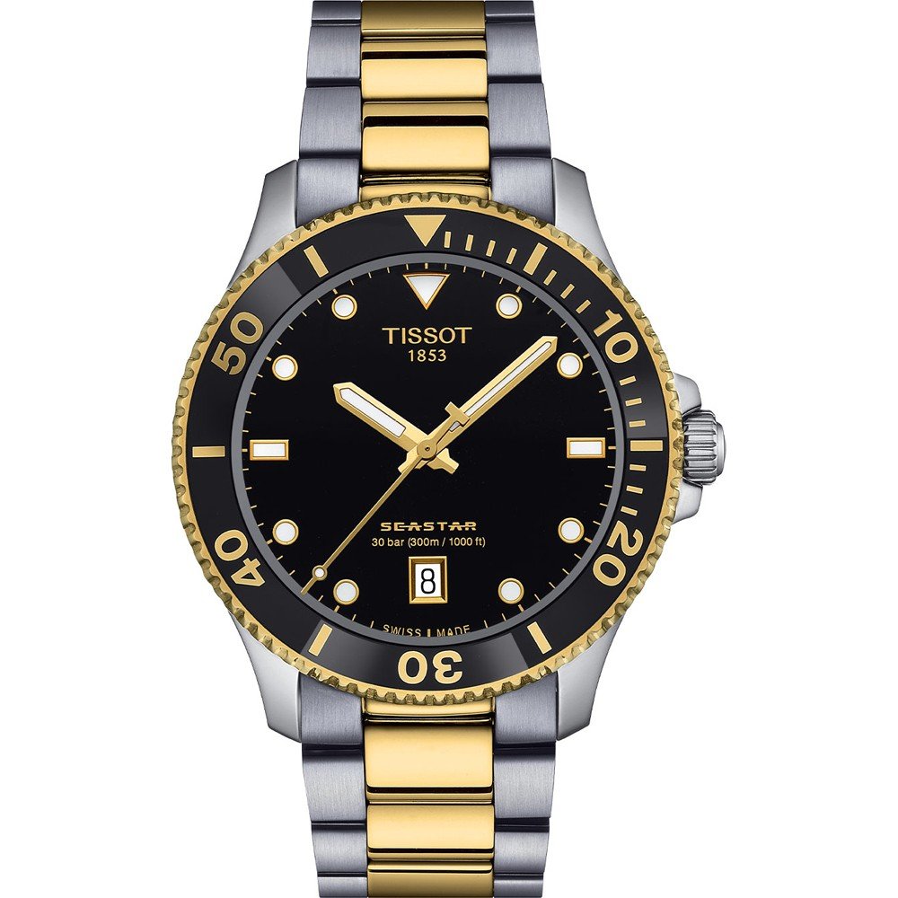 Orologio Tissot Seastar 1000 con cassa in acciaio inox, quadrante nero e cinturino bicolore oro e argento.