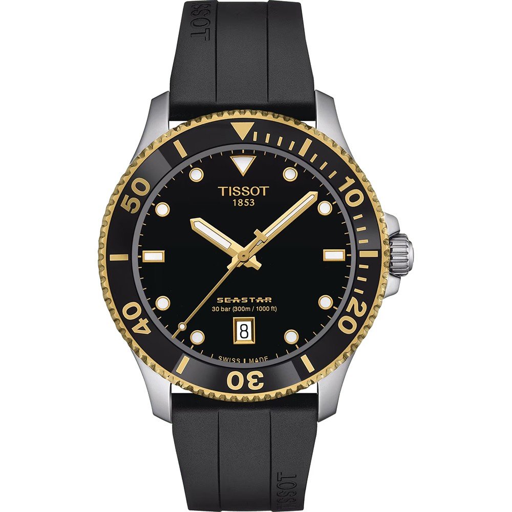 Orologio Tissot Seastar 1000 con cassa in acciaio inox, quadrante nero, lunetta dorata e cinturino in gomma nera.