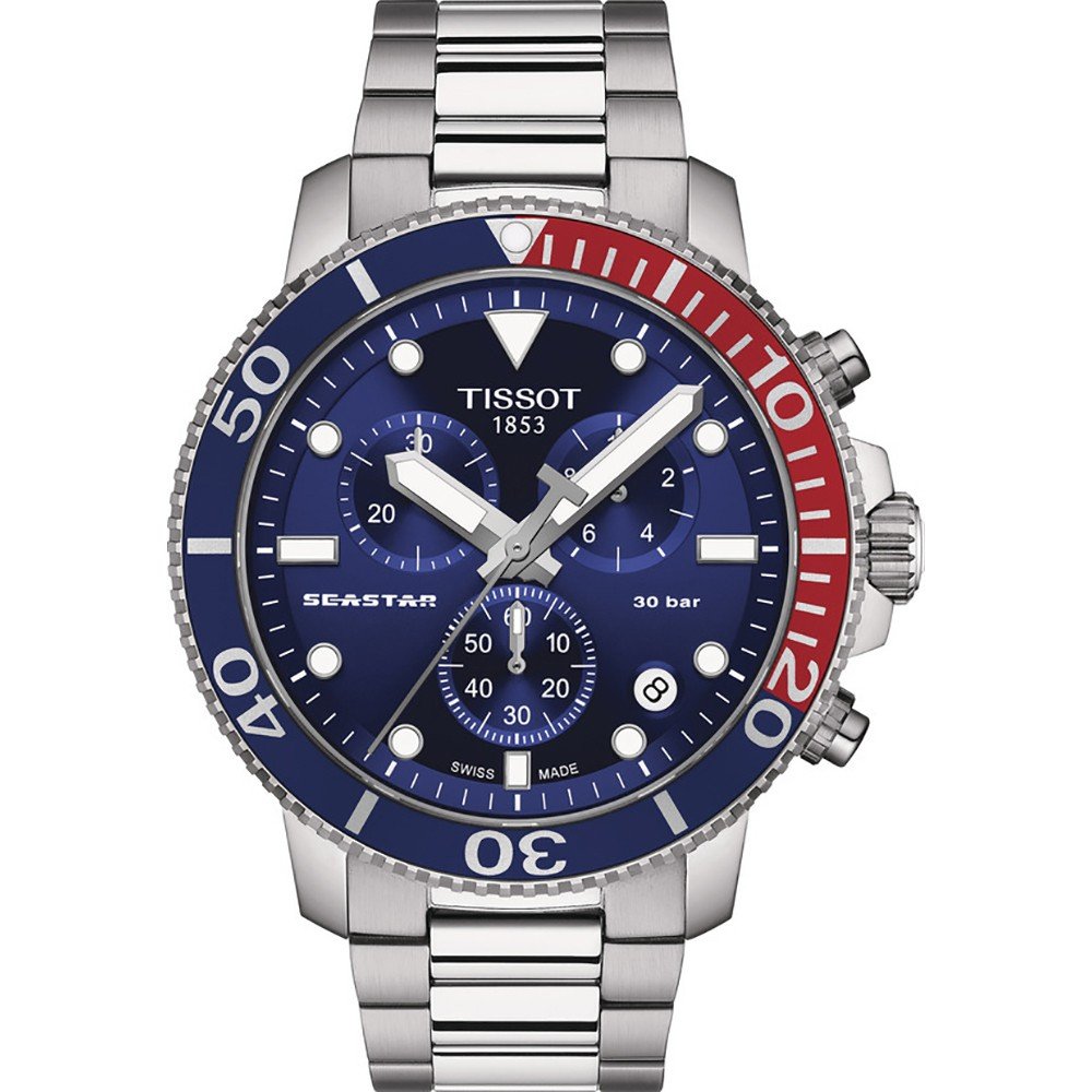 Orologio Tissot Seastar 1000 con quadrante blu, cassa in acciaio inox e cinturino a maglia rolò.