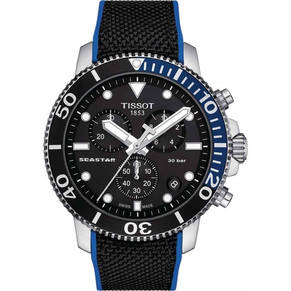 Orologio Tissot Seastar 1000 Chronograph con cassa in acciaio, quadrante nero e cinturino in tessuto blu.