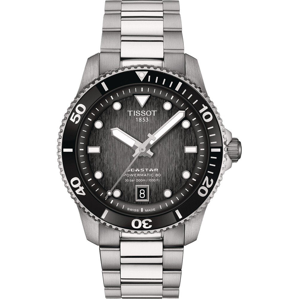 Orologio Tissot Seastar 1000 con cassa in acciaio inox, quadrante grigio e bracciale a maglia rolò.