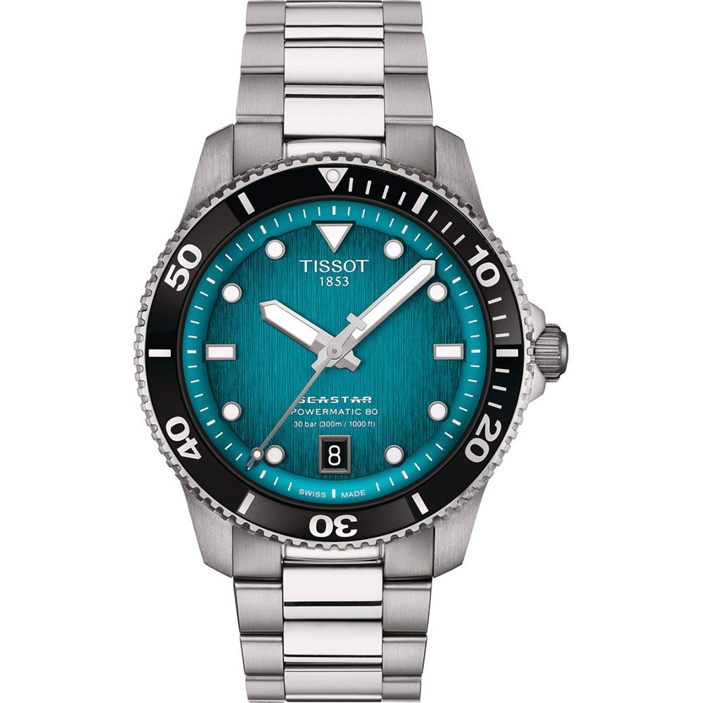 Orologio Tissot Seastar 1000 con cassa in acciaio inox, quadrante turchese e cinturino a maglia rolò.