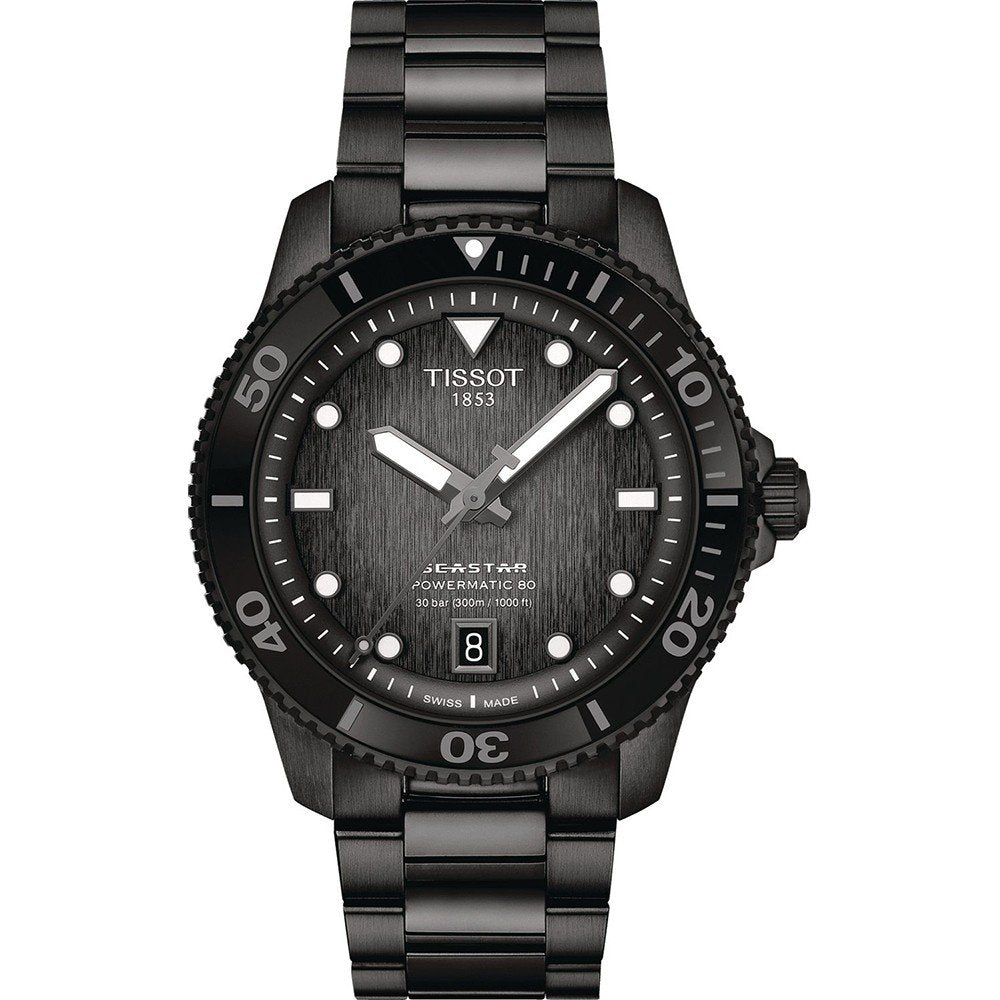 Orologio Tissot Seastar 1000, cassa nera di 40 mm, quadrante scuro con indici bianchi e bracciale in acciaio.