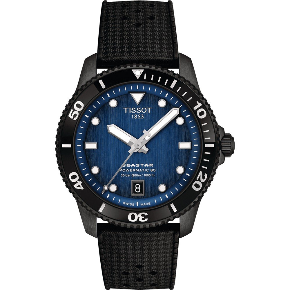 Orologio Tissot Seastar 1000, quadrante blu, cassa nera, cinturino in gomma, indicazioni bianche.