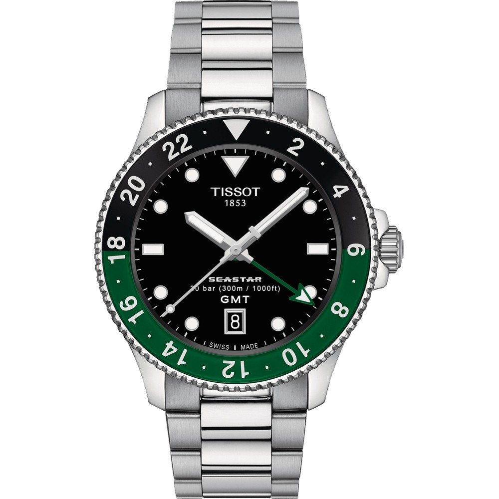 Orologio Tissot Seastar 1000 Quartz GMT con cassa in acciaio, quadrante nero e lunetta verde.