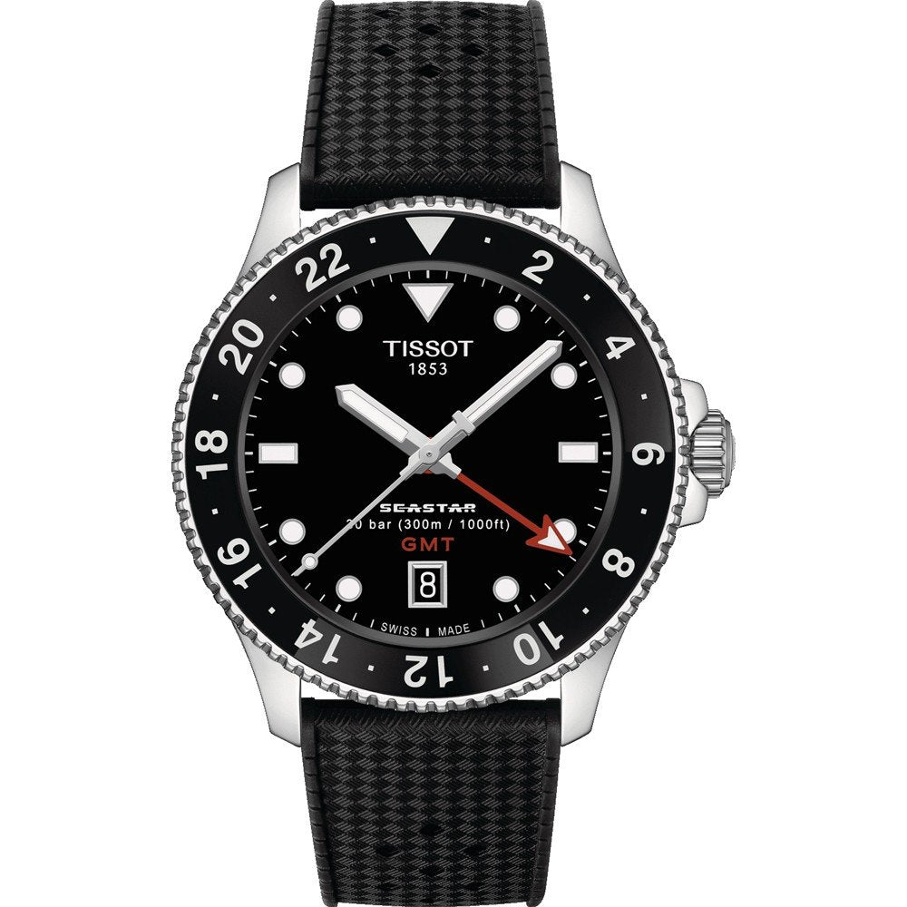 Orologio Tissot Seastar 1000 Quartz GMT con cassa in acciaio inox, quadrante nero e cinturino in gomma nera.