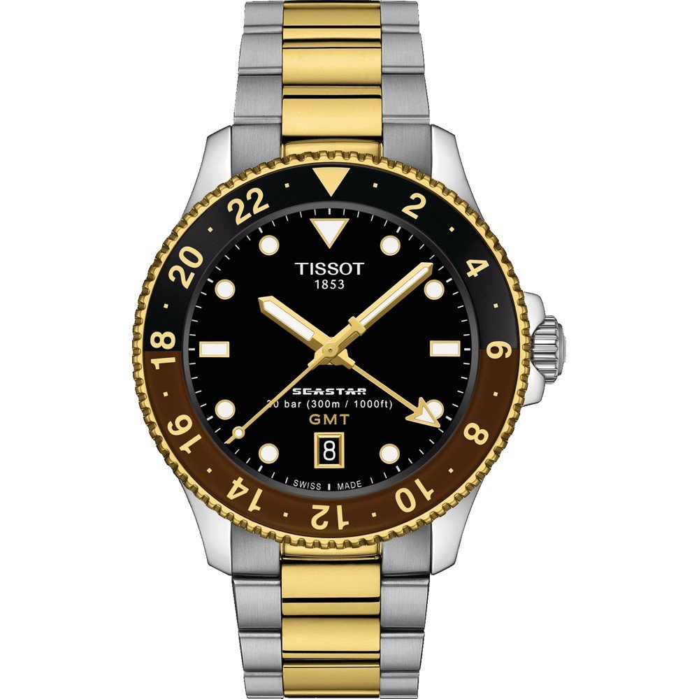Orologio Tissot Seastar 1000 GMT con cassa in acciaio e oro, quadrante nero e bracciale bicolore.