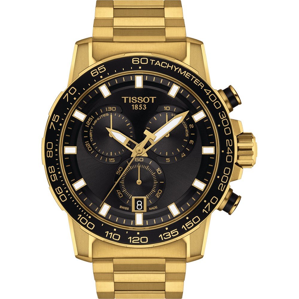 Orologio Tissot Supersport Chrono con cassa dorata, quadrante nero e bracciale in metallo.