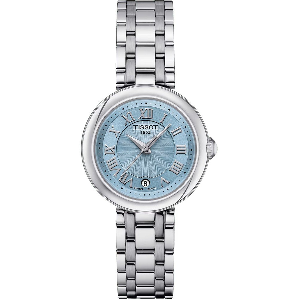 Orologio Tissot Bellissima con cassa argentata, quadrante blu chiaro e bracciale in acciaio inox.
