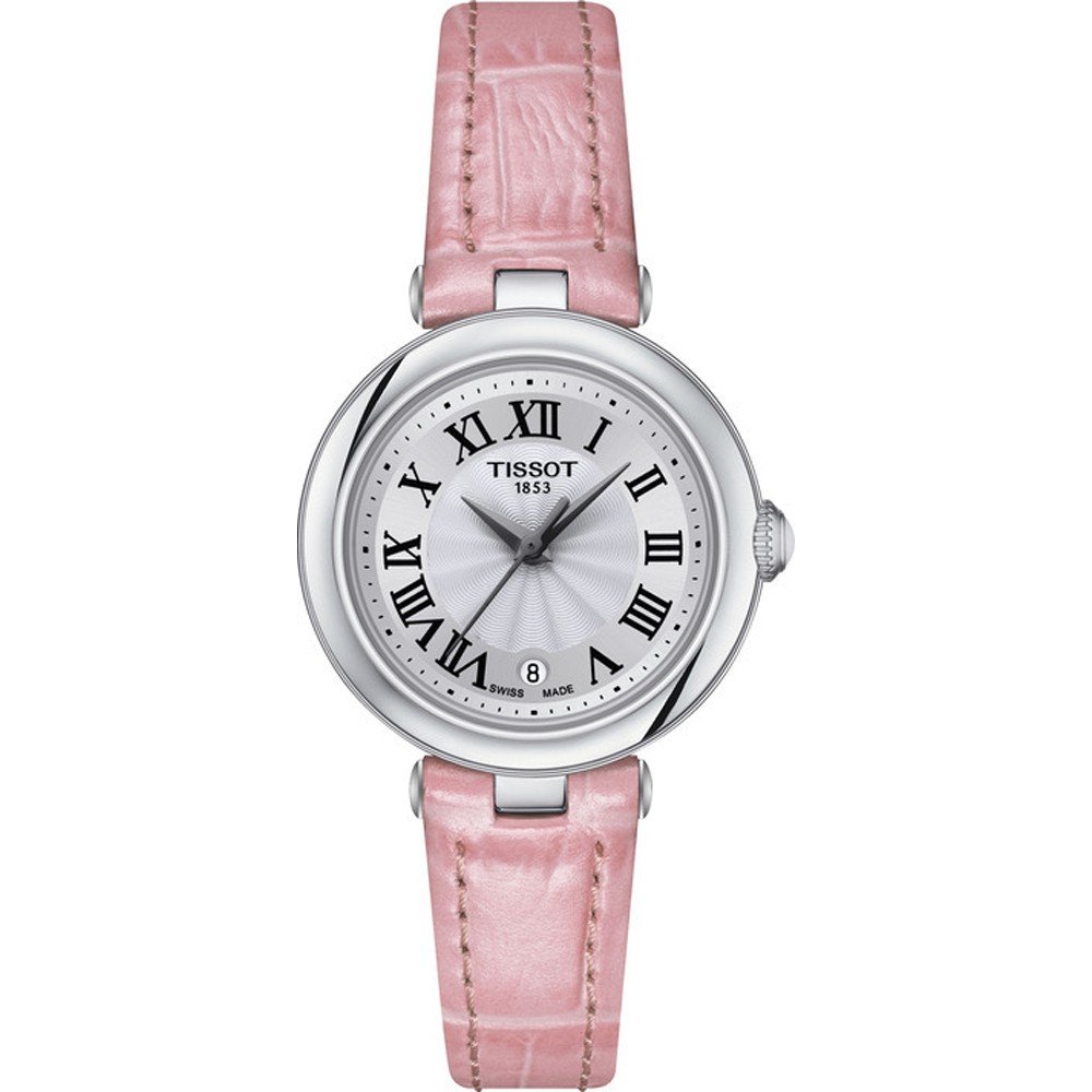 Orologio Tissot Bellissima Small da donna con quadrante argentato, cassa in acciaio e cinturino rosa in pelle.