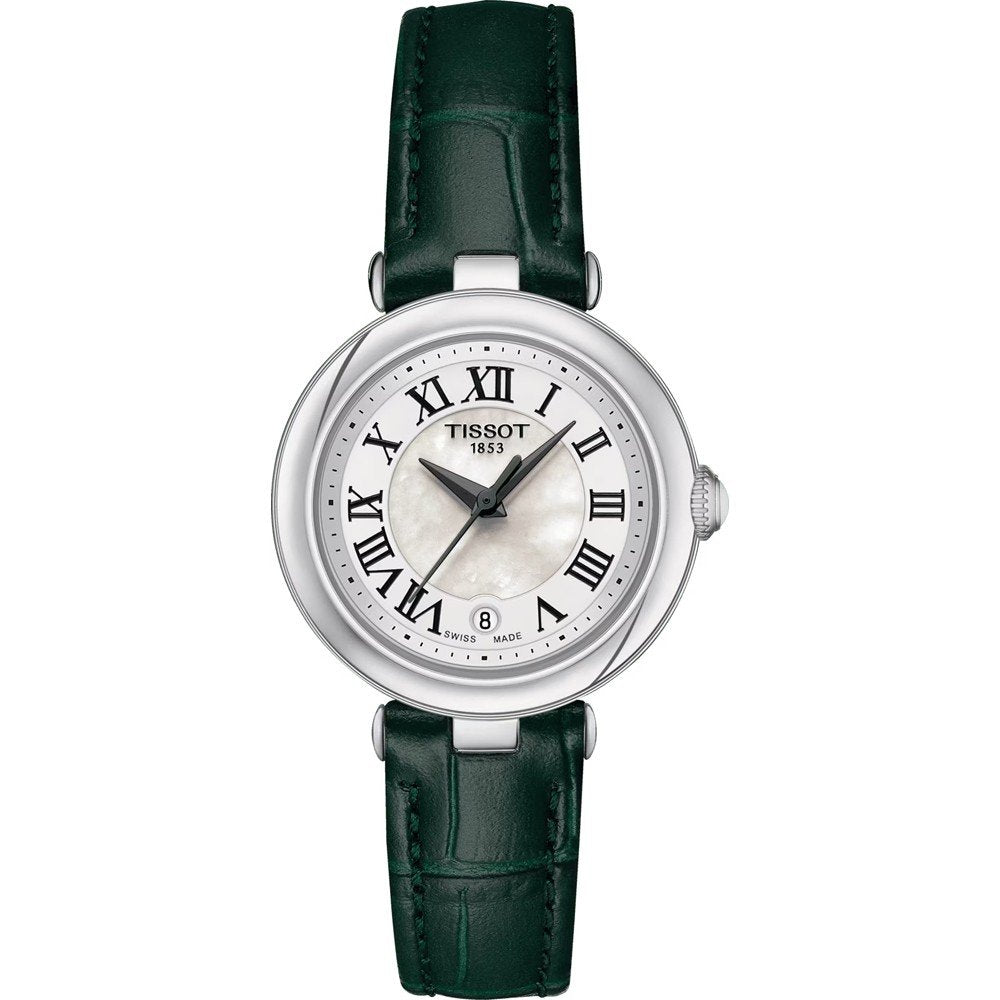 Orologio Tissot Bellissima con cassa argentata, quadrante bianco e cinturino verde in pelle.
