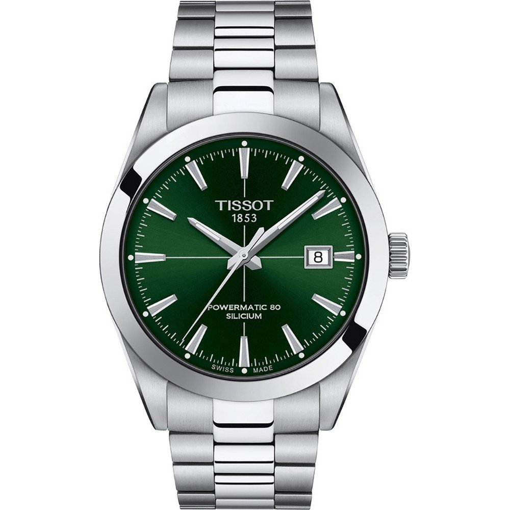 Orologio Tissot Gentleman con quadrante verde, cassa in acciaio inox e bracciale a maglia rolò.