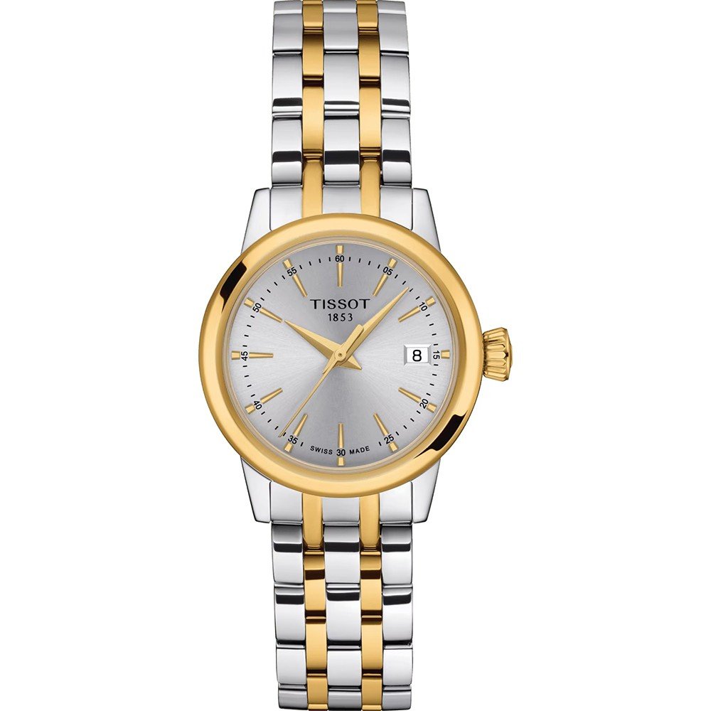 Orologio da donna Tissot Classic Dream con cassa argentata e dettagli dorati, quadrante argentato e cinturino in acciaio bicolore.