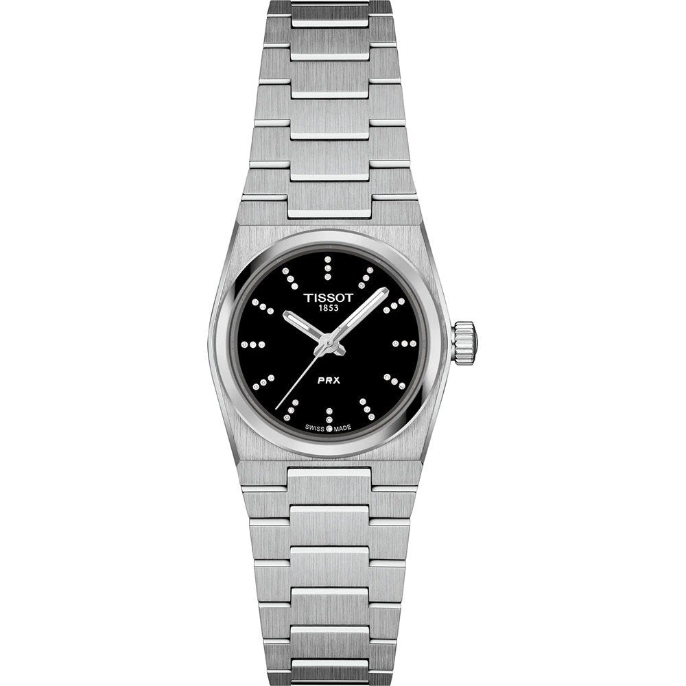 Orologio Tissot PRX da 25 mm con cassa in acciaio inox, quadrante nero e bracciale a maglia rolò.