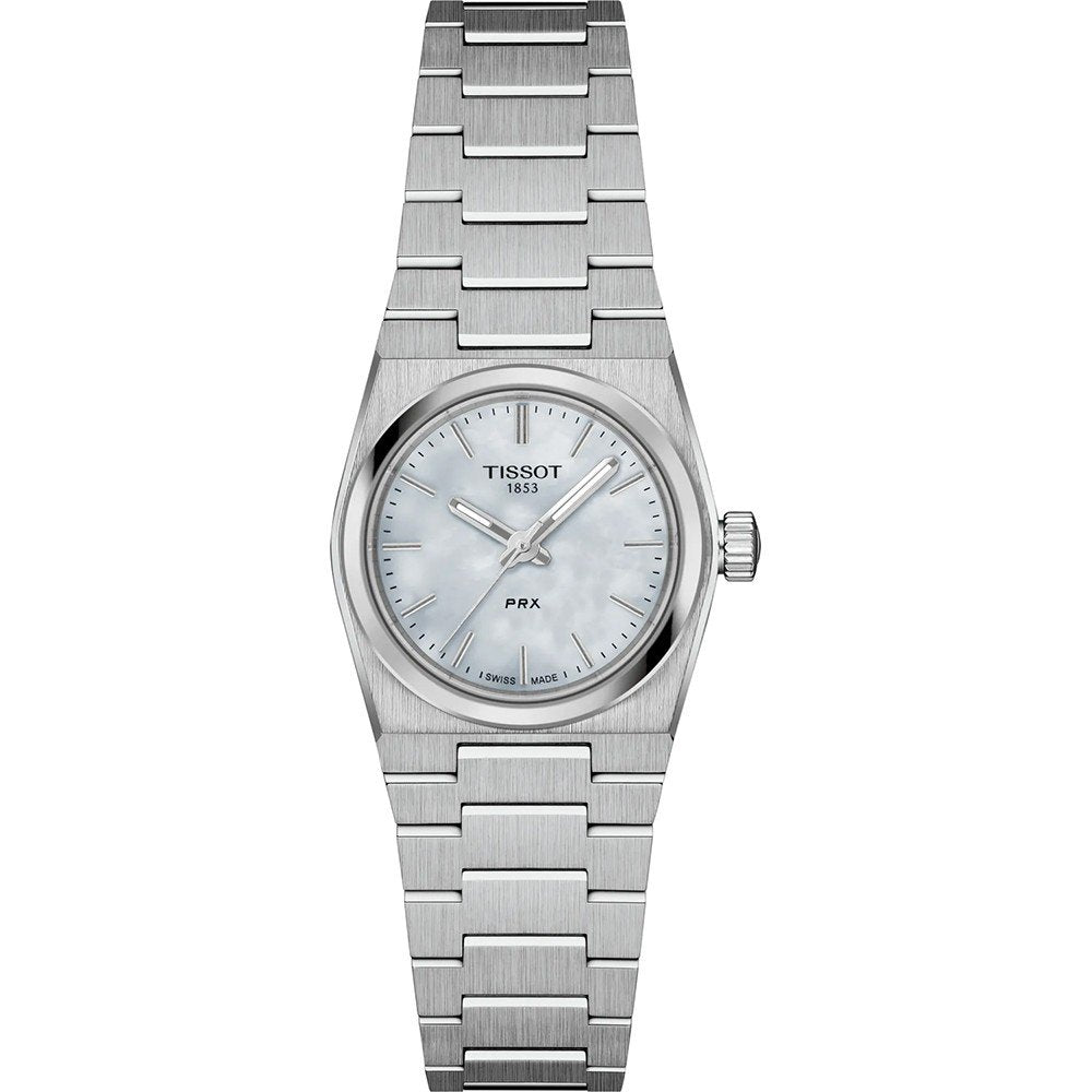 Orologio Tissot PRX 25mm con cassa in acciaio inox, quadrante madreperla e bracciale a maglia rolò.