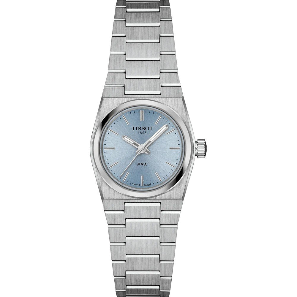 Orologio Tissot PRX da 25 mm con cassa in acciaio inox e quadrante blu chiaro.