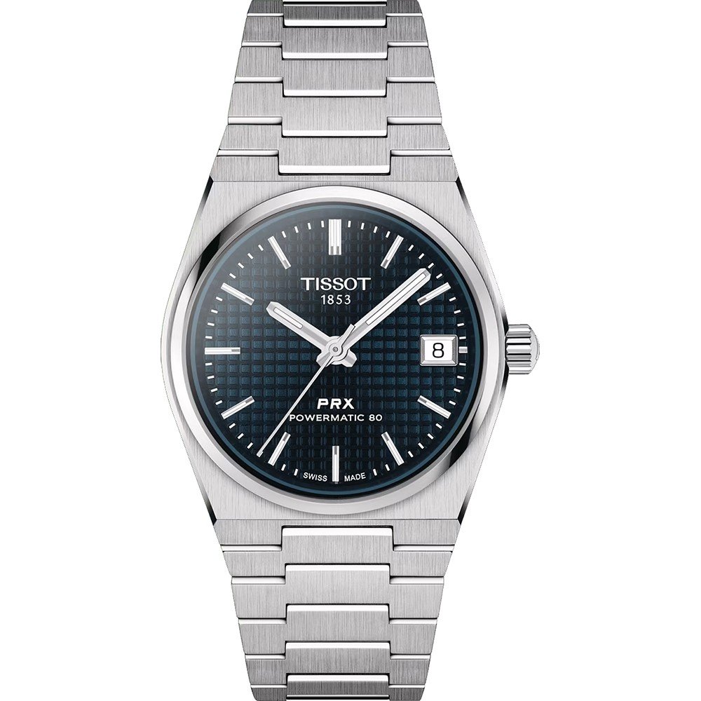 Orologio Tissot PRX Powermatic 80 con cassa in acciaio inox, quadrante blu e bracciale a maglia rolò.