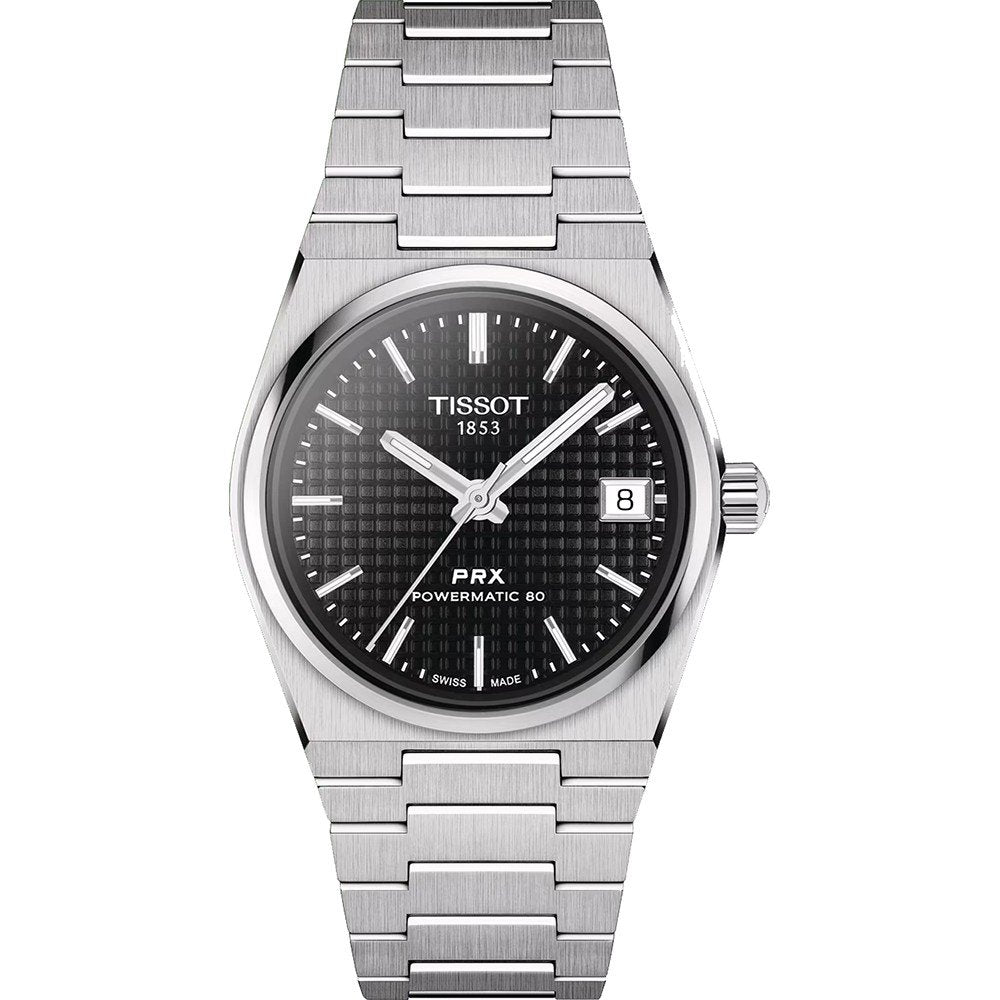 Orologio Tissot PRX Powermatic 80 con cassa in acciaio inox, quadrante nero e bracciale a maglia rolò.