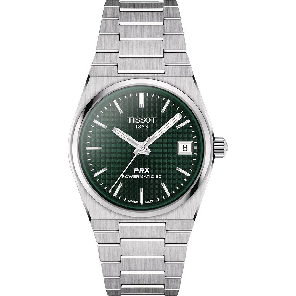 Orologio Tissot PRX Powermatic 80 con cassa in acciaio inox, quadrante verde e bracciale a maglia rolò.