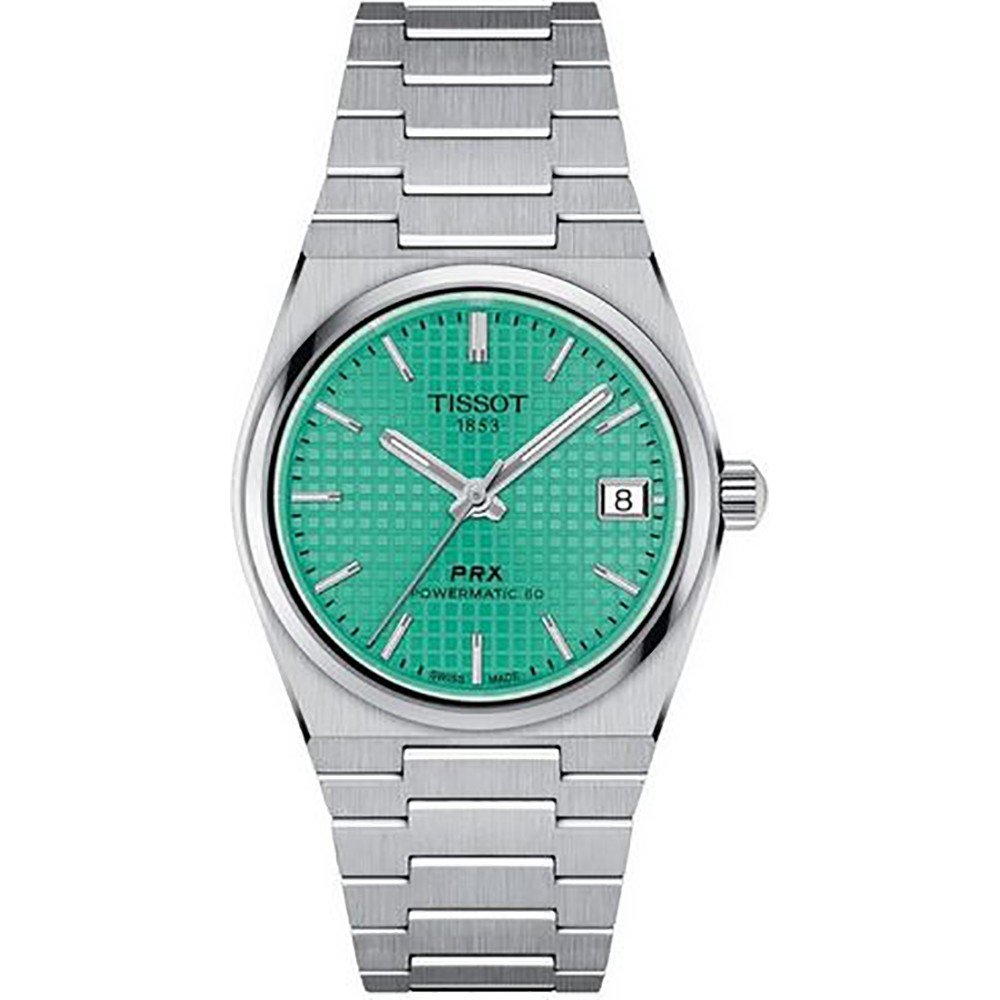 Orologio Tissot PRX Powermatic 80 con quadrante verde, cassa in acciaio inox e cinturino a maglia rolò.