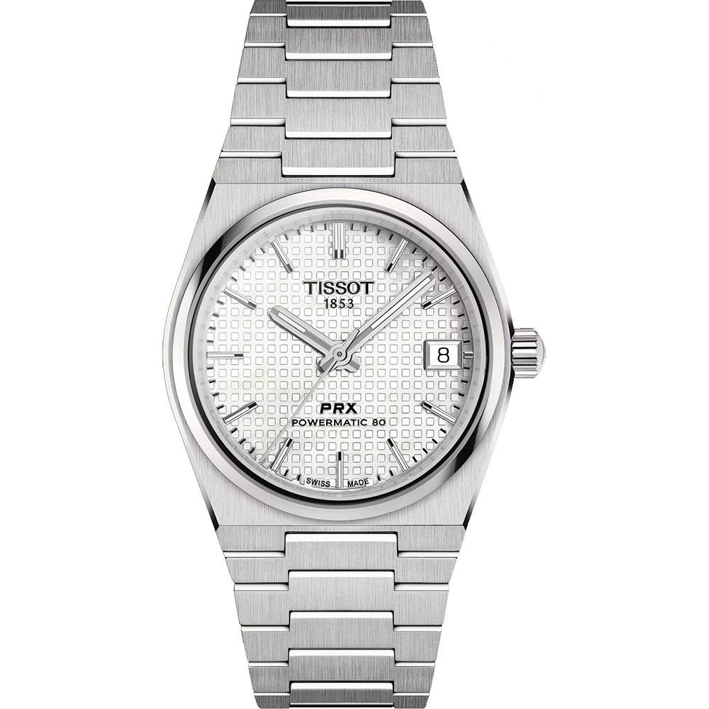 Orologio Tissot PRX Powermatic 80 con cassa e bracciale in acciaio inox, quadrante bianco con dettagli in rilievo e data.