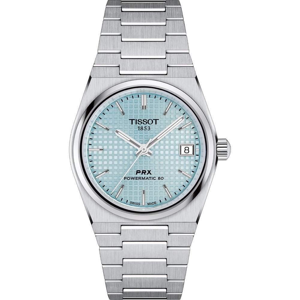 Orologio Tissot PRX Powermatic 80 con cassa in acciaio inox, quadrante azzurro e bracciale a maglia rolò.