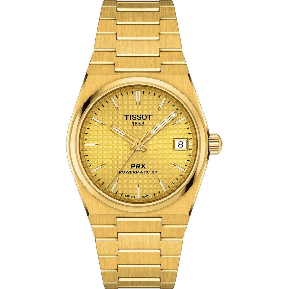 Orologio Tissot PRX Powermatic 80 con cassa dorata di 35 mm e quadrante giallo con motivo a nido d'ape.