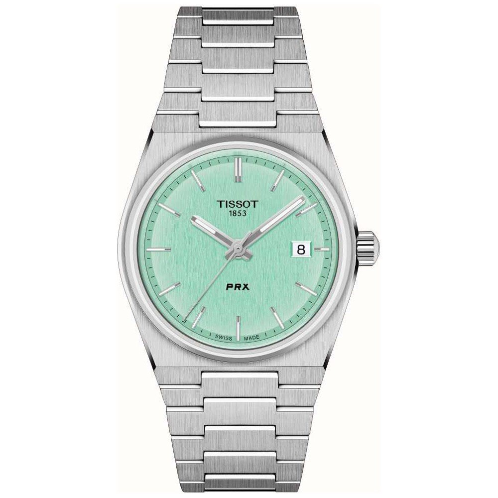 Orologio Tissot PRX 35mm con quadrante verde acqua, cassa in acciaio inox e bracciale a maglia rolò.